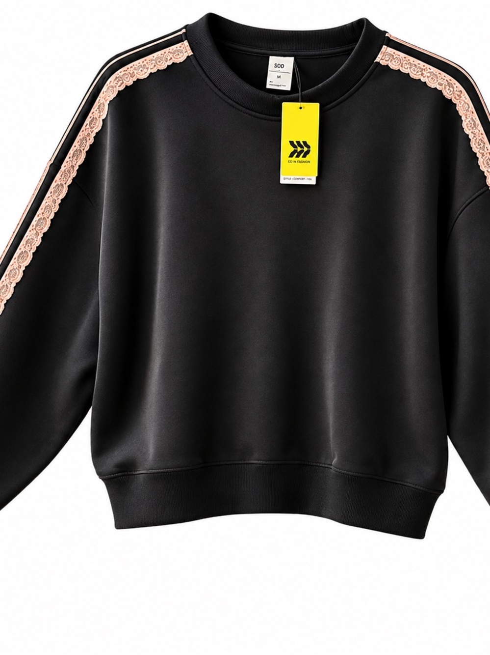 Black Sweatshirt with Pink Lace Trim - Women Tops